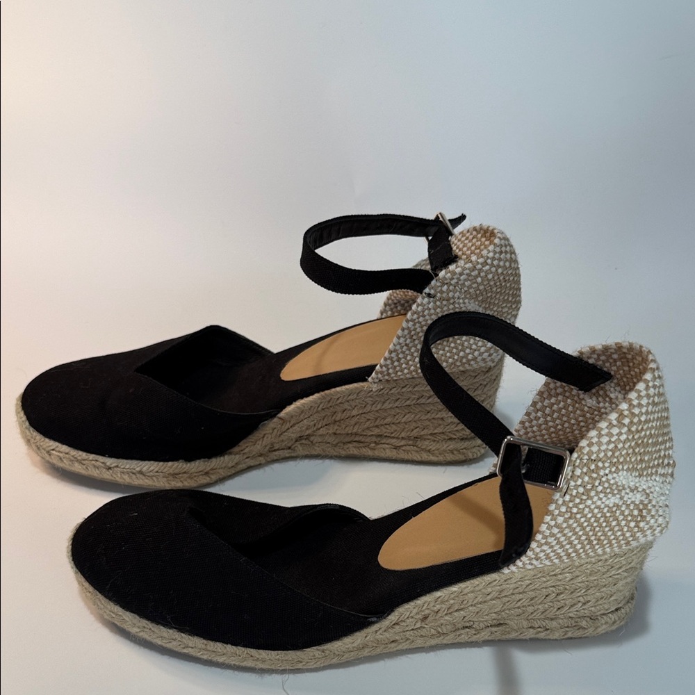 Castaner Black and Natural Espadrille Wedge Sandals with Ankle Strap - Picture 4 of 7